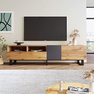 Merax Meuble TV bas 180 cm en chêne sauvage noir avec 2 casiers et 2 tiroirs, meuble TV industriel vintage pour salon et salle à manger, 180 x 38 x 50 cm - Publicité Merax Meuble TV bas 180 cm en chêne sauvage noir avec 2 casiers et 2 tiroirs, meuble TV industriel vintage pour salon et salle à manger, 180 x 38 x 50 cm - Publicité