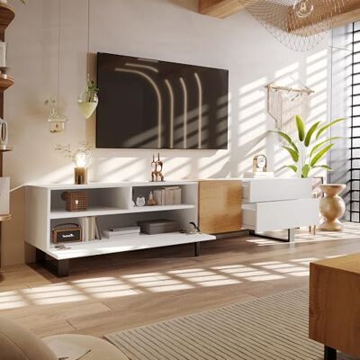 BTM Meuble TV Moderne 180x50x38cm – Optique Blanc & Bois, Design Minimaliste, Stilvoll & Polyvalent - Publicité BTM Meuble TV Moderne 180x50x38cm – Optique Blanc & Bois, Design Minimaliste, Stilvoll & Polyvalent - Publicité