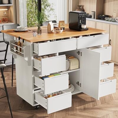 Merax Îlot de cuisine mobile moderne avec plateau de table extensible, chariot de service avec étagère à épices, 8 tiroirs et roulettes, armoire de cuisine avec plan de travail et espace de rangement - Publicité Merax Îlot de cuisine mobile moderne avec plateau de table extensible, chariot de service avec étagère à épices, 8 tiroirs et roulettes, armoire de cuisine avec plan de travail et espace de rangement - Publicité