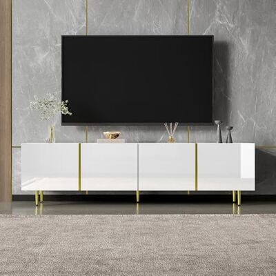 Merax Meuble TV moderne brillant avec 4 portes en noble combinaison de couleurs noir et or 170 cm Charnières à fermeture douce Sans chaise Blanc - Publicité Merax Meuble TV moderne brillant avec 4 portes en noble combinaison de couleurs noir et or 170 cm Charnières à fermeture douce Sans chaise Blanc - Publicité