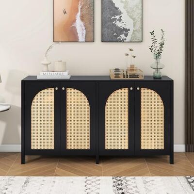 Merax Buffet moderne, polyvalent, armoire à buffet, armoire, buffet avec 4 portes en rotin et poignées en métal, pour salle à manger, salon et cuisine, couleur noir - Publicité Merax Buffet moderne, polyvalent, armoire à buffet, armoire, buffet avec 4 portes en rotin et poignées en métal, pour salle à manger, salon et cuisine, couleur noir - Publicité