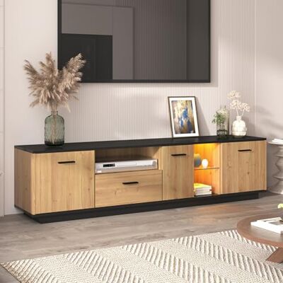 BTM Meuble TV, Etagère en Verre, 3 Portes, Compartiments Ouverts e Tiroir, Banc TV pour Salon Chambre, Noir et Bois Naturel - Publicité BTM Meuble TV, Etagère en Verre, 3 Portes, Compartiments Ouverts e Tiroir, Banc TV pour Salon Chambre, Noir et Bois Naturel - Publicité
