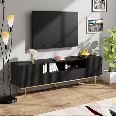 BTM Meuble TV Bas, Meuble TV Chambre avec 2 tiroirs et 2 Portes, avec Rangement avec des Pieds et Un Bord dorés, Banc TV Noir, 165x36x50 cm - Publicité BTM Meuble TV Bas, Meuble TV Chambre avec 2 tiroirs et 2 Portes, avec Rangement avec des Pieds et Un Bord dorés, Banc TV Noir, 165x36x50 cm - Publicité