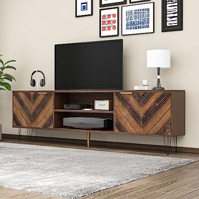 BTM Meuble TV Bois et Noir avec Poignées Dorées et Pieds en Fer, Banc TV avec 2 Portes et Compartiments, Portes en Placage de Bois Massif, Meuble TV Rétro pour Salon, Chambre, Noir&Bois, 168x44.5x20cm - Publicité BTM Meuble TV Bois et Noir avec Poignées Dorées et Pieds en Fer, Banc TV avec 2 Portes et Compartiments, Portes en Placage de Bois Massif, Meuble TV Rétro pour Salon, Chambre, Noir&Bois, 168x44.5x20cm - Publicité