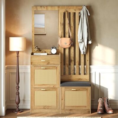 Merax Meuble d’Entrée avec Miroir et Banc, Vestiaire d’Entrée avec Range-Chaussures, Porte-Manteau avec Crochets, Armoire de Rangement Style Rotin, Ensemble de Hall Moderne Gain de Place - Publicité Merax Meuble d’Entrée avec Miroir et Banc, Vestiaire d’Entrée avec Range-Chaussures, Porte-Manteau avec Crochets, Armoire de Rangement Style Rotin, Ensemble de Hall Moderne Gain de Place - Publicité