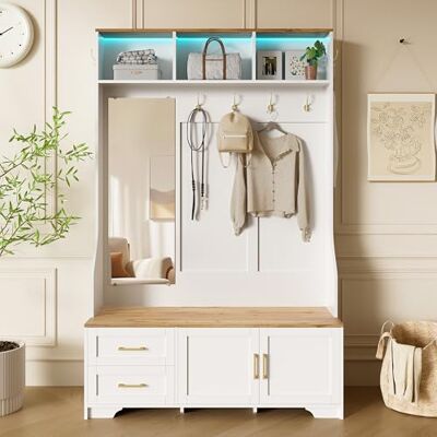 Merax Armoire vestiaire moderne avec éclairage LED, miroir, crochets et tiroirs, 187 x 120 x 40 cm, meuble de couloir moderne avec assise et espace de rangement, blanc et bois - Publicité Merax Armoire vestiaire moderne avec éclairage LED, miroir, crochets et tiroirs, 187 x 120 x 40 cm, meuble de couloir moderne avec assise et espace de rangement, blanc et bois - Publicité