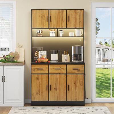 Merax Buffet multifonction 100 x 40 x 180 cm avec éclairage LED, télécommande, prise et ports USB, étagères et tiroirs réglables, idéal pour les cuisines et les salles à manger, noir + naturel A - Publicité Merax Buffet multifonction 100 x 40 x 180 cm avec éclairage LED, télécommande, prise et ports USB, étagères et tiroirs réglables, idéal pour les cuisines et les salles à manger, noir + naturel A - Publicité