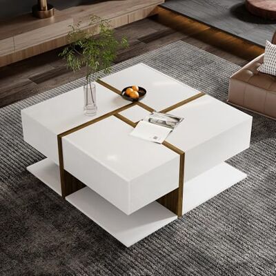 Merax Table basse brillante avec 4 tiroirs et étagère inférieure, design unique de couleur et de lignes, 78 x 78 x 36 cm, blanc et marron - Publicité Merax Table basse brillante avec 4 tiroirs et étagère inférieure, design unique de couleur et de lignes, 78 x 78 x 36 cm, blanc et marron - Publicité