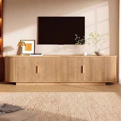 BTM Meuble TV Bas À Structure Ondulée, Corps Panneau De Particules Et MDF, Poignées Métalliques, 4 Portes Et Grand Espace De Rangement - Publicité BTM Meuble TV Bas À Structure Ondulée, Corps Panneau De Particules Et MDF, Poignées Métalliques, 4 Portes Et Grand Espace De Rangement - Publicité