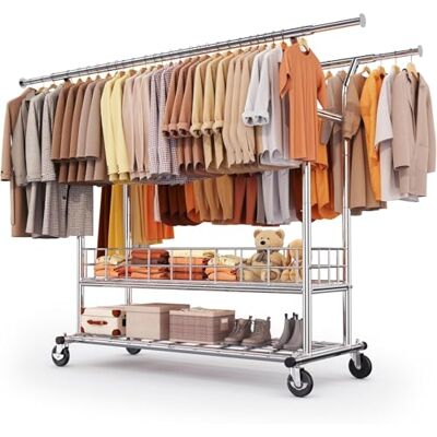 HOKEEPER Portant robuste à double rail sur roulettes, 283 kg, avec panier maille et étagère inférieure, longueur et hauteur extensibles - Publicité HOKEEPER Portant robuste à double rail sur roulettes, 283 kg, avec panier maille et étagère inférieure, longueur et hauteur extensibles - Publicité