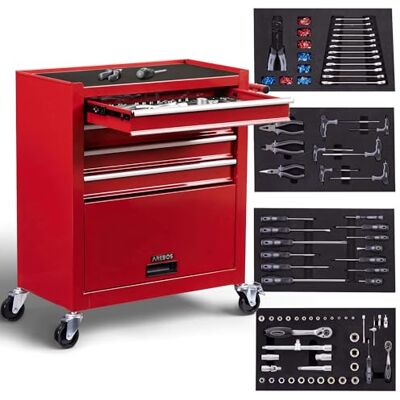 AREBOS Servante d'atelier 4 Compartiments avec 81 pièces d'outils Chariot à Outils équipé Tapis antidérapants Interlock 2 roulettes avec Frein de stationnement Rouge - Publicité AREBOS Servante d'atelier 4 Compartiments avec 81 pièces d'outils Chariot à Outils équipé Tapis antidérapants Interlock 2 roulettes avec Frein de stationnement Rouge - Publicité