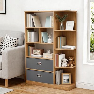 YITAHOME Bibliothèque autoportante avec 8 étagères Ouvertes et 2 tiroirs (recouverts de Tissu), pour Salon, Chambre ou Bureau, Finition chêne, 80 cm (L) × 24 cm (P) × 115 cm (H) - Publicité YITAHOME Bibliothèque autoportante avec 8 étagères Ouvertes et 2 tiroirs (recouverts de Tissu), pour Salon, Chambre ou Bureau, Finition chêne, 80 cm (L) × 24 cm (P) × 115 cm (H) - Publicité