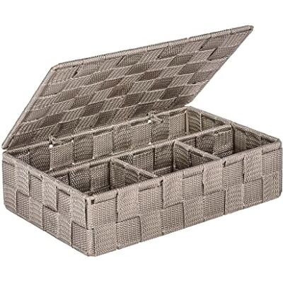 WENKO Corbeille De Salle De Bain avec Couvercle Adria, Boîte De Rangement Tendance avec 4 Compartiments, Plastique Tissé, 100% Polypropylène, Dimensions : 26 x 7,5 x 17 cm, Couleur : Taupe - Publicité WENKO Corbeille De Salle De Bain avec Couvercle Adria, Boîte De Rangement Tendance avec 4 Compartiments, Plastique Tissé, 100% Polypropylène, Dimensions : 26 x 7,5 x 17 cm, Couleur : Taupe - Publicité