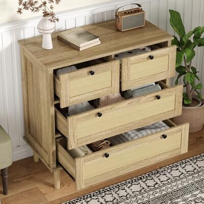 Merax Commode 4 tiroirs cannage rotin Naturel – Meuble de Rangement Bois Clair Pieds en Bois Massif – Tiroirs spacieux, Montage Facile, Style bohème Chic Polyvalent 80 L x 40 B x 80 H(cm) - Publicité Merax Commode 4 tiroirs cannage rotin Naturel – Meuble de Rangement Bois Clair Pieds en Bois Massif – Tiroirs spacieux, Montage Facile, Style bohème Chic Polyvalent 80 L x 40 B x 80 H(cm) - Publicité