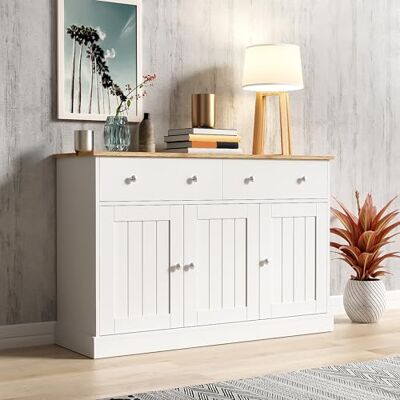 Merax Buffet avec texture gravée, placard de salon avec grand espace de rangement, 3 portes et 2 tiroirs, design élégant, mécanisme push-to-open, poignées argentées – Idéal pour le salon et le couloir - Publicité Merax Buffet avec texture gravée, placard de salon avec grand espace de rangement, 3 portes et 2 tiroirs, design élégant, mécanisme push-to-open, poignées argentées – Idéal pour le salon et le couloir - Publicité