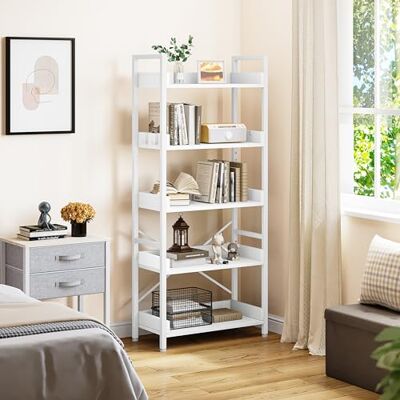 YITAHOME Bibliothèque à 5 niveaux, étagère à livres au sol étagère en bois et étagères à cadre en acier stable avec 4 crochets étagère de rangement industrielle pour salon bureau à domicile, blanc pur - Publicité YITAHOME Bibliothèque à 5 niveaux, étagère à livres au sol étagère en bois et étagères à cadre en acier stable avec 4 crochets étagère de rangement industrielle pour salon bureau à domicile, blanc pur - Publicité