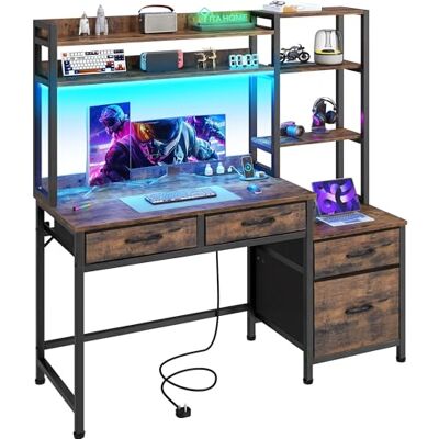 YITAHOME Bureau d'ordinateur avec tiroirs, Bureau à Domicile, Rangement et étagères, Bureau de Jeu, avec lumière LED et Prises, Bureau d'angle Marron Vintage - Publicité YITAHOME Bureau d'ordinateur avec tiroirs, Bureau à Domicile, Rangement et étagères, Bureau de Jeu, avec lumière LED et Prises, Bureau d'angle Marron Vintage - Publicité