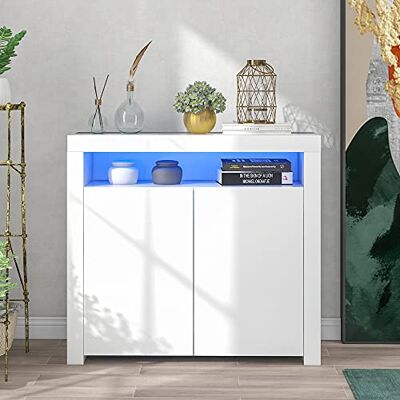 BTM Commode LED blanche meuble TV 2 portes bois lumière LED kitchenette moderne - Publicité BTM Commode LED blanche meuble TV 2 portes bois lumière LED kitchenette moderne - Publicité