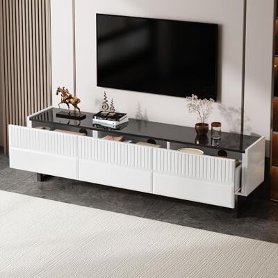 Merax Meuble TV 170 x 35 x 47 cm avec 3 tiroirs, meuble bas bas avec plateau de table brillant et pieds en fer, meuble TV multifonctionnel pour salon, noir et blanc - Publicité Merax Meuble TV 170 x 35 x 47 cm avec 3 tiroirs, meuble bas bas avec plateau de table brillant et pieds en fer, meuble TV multifonctionnel pour salon, noir et blanc - Publicité