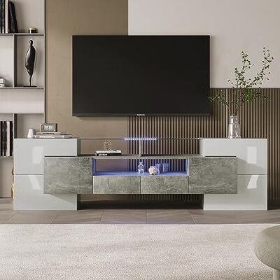 Merax Meuble TV bas de 200 cm Blanc brillant Avec éclairage LED et surface en verre élégante 200 x 35 x 60 cm Blanc + gris - Publicité Merax Meuble TV bas de 200 cm Blanc brillant Avec éclairage LED et surface en verre élégante 200 x 35 x 60 cm Blanc + gris - Publicité