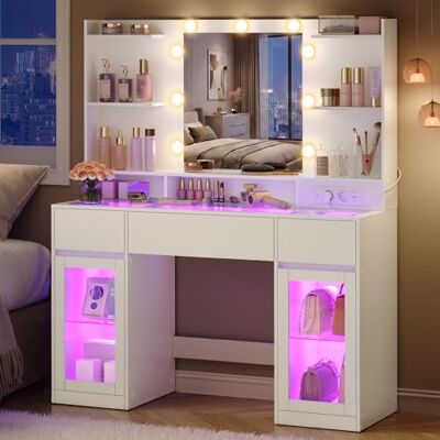 VASAGLE Coiffeuse avec Miroir LED et Éclairage RGB, Prises, Table de Maquillage, Plateau en Verre, Armoires de Rangement, 107 x 40 x 144,5 cm, Blanc, Chambre, Collection Kailyn RDT145WB01 - Publicité VASAGLE Coiffeuse avec Miroir LED et Éclairage RGB, Prises, Table de Maquillage, Plateau en Verre, Armoires de Rangement, 107 x 40 x 144,5 cm, Blanc, Chambre, Collection Kailyn RDT145WB01 - Publicité