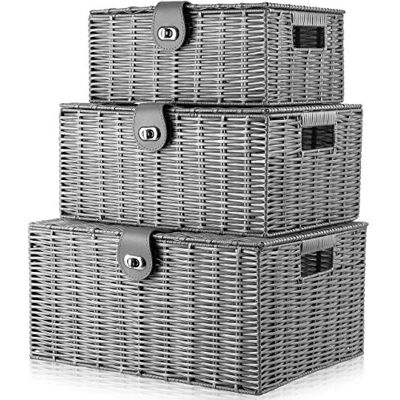 ARPAN Lot de 3 paniers de rangement en résine tressée avec couvercle et verrou Gris Taille L M Taille S - Publicité ARPAN Lot de 3 paniers de rangement en résine tressée avec couvercle et verrou Gris Taille L M Taille S - Publicité