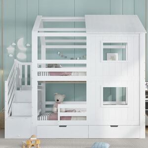 Merax Lit superposé Enfant 90x200 cm en Bois Massif, avec escalier de Rangement, tiroir à roulettes, étagères et Design cabane avec fenêtres et Toit – Blanc, Matelas Non Inclus - Publicité Merax Lit superposé Enfant 90x200 cm en Bois Massif, avec escalier de Rangement, tiroir à roulettes, étagères et Design cabane avec fenêtres et Toit – Blanc, Matelas Non Inclus - Publicité