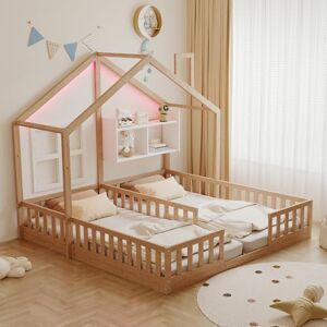 Merax Lit double pour enfant 90 x 200 cm, design maison avec fenêtres, éclairage LED, rampe de sécurité, étagères, sommier à lattes, bois, lit pour chambre d'enfant, couleur bois (sans matelas) - Publicité Merax Lit double pour enfant 90 x 200 cm, design maison avec fenêtres, éclairage LED, rampe de sécurité, étagères, sommier à lattes, bois, lit pour chambre d'enfant, couleur bois (sans matelas) - Publicité