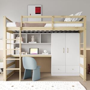Merax Lit mezzanine 90 x 200 cm, bureau intégré avec espace de rangement, armoire et tiroirs, lit simple multifonctionnel pour enfants et adolescents, en bois, peu encombrant, couleur bois (sans - Publicité Merax Lit mezzanine 90 x 200 cm, bureau intégré avec espace de rangement, armoire et tiroirs, lit simple multifonctionnel pour enfants et adolescents, en bois, peu encombrant, couleur bois (sans - Publicité