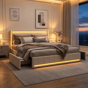 HYNHXBP Lit rembourré 140x200 avec 4 tirors,Lumière LED et Ports USB-C, Lit Moderne avec Rangement Intégré et Sommier à Lattes Solide, Lit Confortable pour Adultes et Adolescents,Beige.Lin - Publicité HYNHXBP Lit rembourré 140x200 avec 4 tirors,Lumière LED et Ports USB-C, Lit Moderne avec Rangement Intégré et Sommier à Lattes Solide, Lit Confortable pour Adultes et Adolescents,Beige.Lin - Publicité