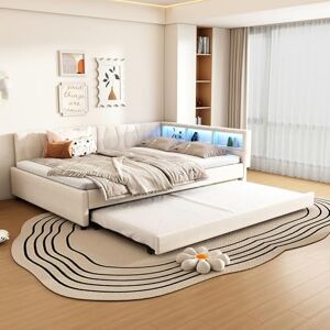 Merax Canapé-lit, 140 x 200 cm, extensible, avec bande LED changeante, USB + Type-C, compartiment de rangement sur le lit, lit gigogne avec sommier à lattes, lin, cadre de lit sans matelas, beige - Publicité Merax Canapé-lit, 140 x 200 cm, extensible, avec bande LED changeante, USB + Type-C, compartiment de rangement sur le lit, lit gigogne avec sommier à lattes, lin, cadre de lit sans matelas, beige - Publicité