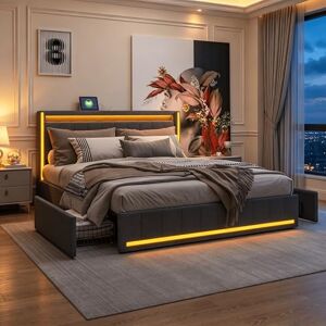 HYNHXBP Lit rembourré 140x190 avec Tiroirs de Rangement, avec LED et USB, Lit avec sommier à Lattes et tête de lit, pour Adultes et Adolescent, Linen (Gris, 140 x 190 cm) - Publicité HYNHXBP Lit rembourré 140x190 avec Tiroirs de Rangement, avec LED et USB, Lit avec sommier à Lattes et tête de lit, pour Adultes et Adolescent, Linen (Gris, 140 x 190 cm) - Publicité