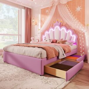 Merax Lit enfant 140x200, lit capitonné pour filles, lit double à tête réglable en forme de couronne, bande LED, en cuir PU, avec sommier et 2 tiroirs (sans matelas), rose - Publicité Merax Lit enfant 140x200, lit capitonné pour filles, lit double à tête réglable en forme de couronne, bande LED, en cuir PU, avec sommier et 2 tiroirs (sans matelas), rose - Publicité