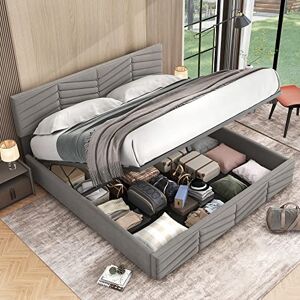 Merax lit double capitonné 180 x 200 cm, hydraulique, sommier à lattes, coffre, fonctionnel, tête réglable, velours, rayures, adolescent, sans matelas, gris - Publicité Merax lit double capitonné 180 x 200 cm, hydraulique, sommier à lattes, coffre, fonctionnel, tête réglable, velours, rayures, adolescent, sans matelas, gris - Publicité