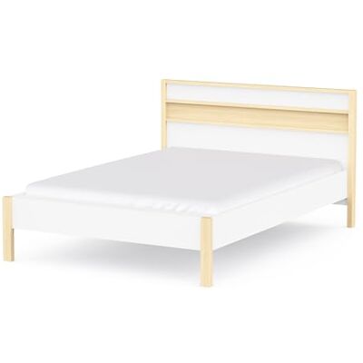 Demeyere Lit 140x190 cm Blanc et Décor Bois avec Tête de Lit Intégrée – Lit Double à la Taille Adaptable : Peut Accueillir Un Matelas de 140x200 cm – Fabriqué en France - Publicité Demeyere Lit 140x190 cm Blanc et Décor Bois avec Tête de Lit Intégrée – Lit Double à la Taille Adaptable : Peut Accueillir Un Matelas de 140x200 cm – Fabriqué en France - Publicité