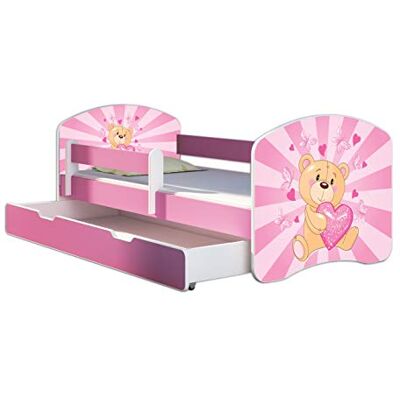 ACMA Lit Enfant 70 x 140 cm avec Tiroir, Matelas et Sommier à Lattes Lit Junior avec Barrière de Sécurité, Personnalisé Motif 10 Nounours cœur Rose Rose, Lit pour Fille dès 3 Ans - Publicité ACMA Lit Enfant 70 x 140 cm avec Tiroir, Matelas et Sommier à Lattes Lit Junior avec Barrière de Sécurité, Personnalisé Motif 10 Nounours cœur Rose Rose, Lit pour Fille dès 3 Ans - Publicité