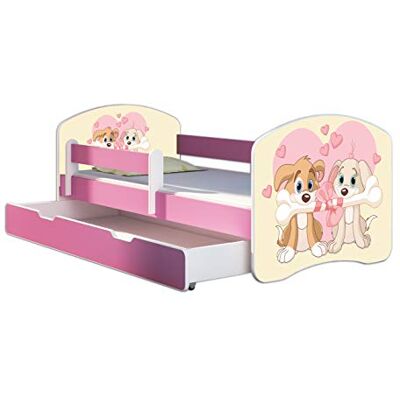 ACMA Lit Enfant 80 x 160 cm avec Tiroir, Matelas et Sommier à Lattes Lit Junior avec Barrière de Sécurité, Personnalisé Motif 12 Deux Petits Chiens Rose, Lit pour Fille dès 3 Ans - Publicité ACMA Lit Enfant 80 x 160 cm avec Tiroir, Matelas et Sommier à Lattes Lit Junior avec Barrière de Sécurité, Personnalisé Motif 12 Deux Petits Chiens Rose, Lit pour Fille dès 3 Ans - Publicité