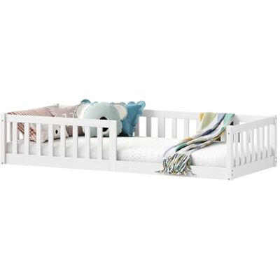 IDIMEX Lit Enfant Gustavo lit au Sol 90x200 cm d'inspiration Montessori, avec barrières de Protection, en pin Massif lasuré Blanc - Publicité IDIMEX Lit Enfant Gustavo lit au Sol 90x200 cm d'inspiration Montessori, avec barrières de Protection, en pin Massif lasuré Blanc - Publicité