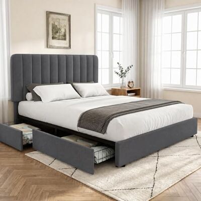 VECELO Lit Double Rembourré 140 x 200 cm avec 4 Tiroirs et Tête de Lit Réglable, Cadre de Lit en Velours, Support à Lattes en Bois Solide, Facile à Assembler, Gris - Publicité VECELO Lit Double Rembourré 140 x 200 cm avec 4 Tiroirs et Tête de Lit Réglable, Cadre de Lit en Velours, Support à Lattes en Bois Solide, Facile à Assembler, Gris - Publicité