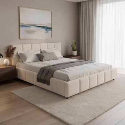 Juskys lit capitonné Florenz 180 x 200 cm – en Tissu bouclé, lit Moderne avec tête & Pied, Cadre en Bois & métal, sommier à Lattes, capacité 500 kg – Crème - Publicité Juskys lit capitonné Florenz 180 x 200 cm – en Tissu bouclé, lit Moderne avec tête & Pied, Cadre en Bois & métal, sommier à Lattes, capacité 500 kg – Crème - Publicité