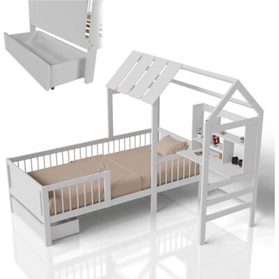 Juskys Lit Enfant Yari 90x200 cm – lit Simple avec Bureau et tiroir, en Bois de pin et matériaux durables, Design ludique en Forme de maisonnette – Blanc - Publicité Juskys Lit Enfant Yari 90x200 cm – lit Simple avec Bureau et tiroir, en Bois de pin et matériaux durables, Design ludique en Forme de maisonnette – Blanc - Publicité