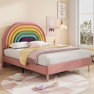 BTM Lit Double Rembourré 140x200 avec Sommier à Lattes, Lit Enfant avec Tête de Lit Réglable en Hauteur en Forme d’Arc-en-Ciel, pour Adultes et Enfants, en Velours, Rose (sans Matelas) - Publicité BTM Lit Double Rembourré 140x200 avec Sommier à Lattes, Lit Enfant avec Tête de Lit Réglable en Hauteur en Forme d’Arc-en-Ciel, pour Adultes et Enfants, en Velours, Rose (sans Matelas) - Publicité