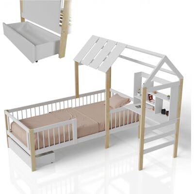 Juskys Lit Enfant Yari 90x200 cm – lit Simple avec Bureau et tiroir, en Bois de pin et matériaux durables, Design ludique en Forme de maisonnette – Blanc/Naturel. Publicité Juskys Lit Enfant Yari 90x200 cm – lit Simple avec Bureau et tiroir, en Bois de pin et matériaux durables, Design ludique en Forme de maisonnette – Blanc/Naturel. Publicité