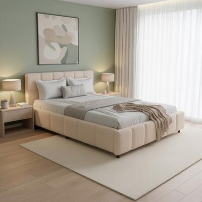 Juskys lit capitonné Florenz 140 x 200 cm – en Tissu bouclé, lit Moderne avec tête & Pied, Cadre en Bois & métal, sommier à Lattes, capacité 500 kg – Beige - Publicité Juskys lit capitonné Florenz 140 x 200 cm – en Tissu bouclé, lit Moderne avec tête & Pied, Cadre en Bois & métal, sommier à Lattes, capacité 500 kg – Beige - Publicité