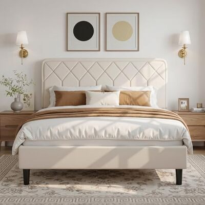 VECELO Lit Double Rembourré 140x190 cm, Sommier Plateforme avec Tête de Lit Réglable, Support à Lattes en Bois Solide, Tissu en Velours Haut de Gamme, Facile à Assembler, Beige - Publicité VECELO Lit Double Rembourré 140x190 cm, Sommier Plateforme avec Tête de Lit Réglable, Support à Lattes en Bois Solide, Tissu en Velours Haut de Gamme, Facile à Assembler, Beige - Publicité