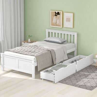 BTM Lit Simple Pin 90x200 cm, Tiroirs Rangement Cadre Bois, Blanc - Publicité BTM Lit Simple Pin 90x200 cm, Tiroirs Rangement Cadre Bois, Blanc - Publicité