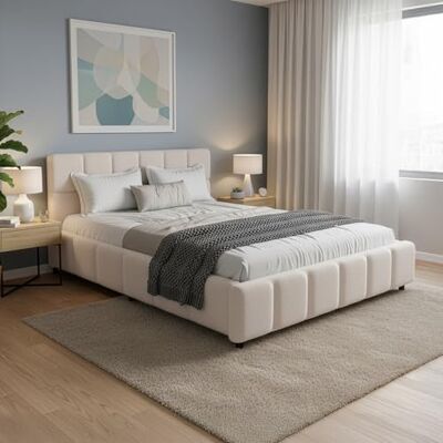 Juskys lit capitonné Florenz 140 x 200 cm – en Tissu bouclé, lit Moderne avec tête & Pied, Cadre en Bois & métal, sommier à Lattes, capacité 500 kg – Crème - Publicité Juskys lit capitonné Florenz 140 x 200 cm – en Tissu bouclé, lit Moderne avec tête & Pied, Cadre en Bois & métal, sommier à Lattes, capacité 500 kg – Crème - Publicité