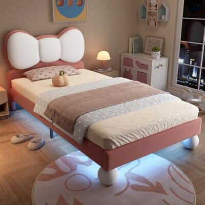 BTM Lit Enfant, Tête de lit en Forme de Mouche, Bande LED Adaptable en Couleur sous, Grille de battants Stable, Velours, Design élégant, Beige + Rose, 90x200cm - Publicité BTM Lit Enfant, Tête de lit en Forme de Mouche, Bande LED Adaptable en Couleur sous, Grille de battants Stable, Velours, Design élégant, Beige + Rose, 90x200cm - Publicité