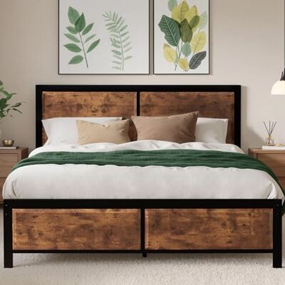 VECELO Cadre de Lit 140x190 cm, Sommier Plateforme avec Tête Rustique en Bois Vintage, Support à Lattes en Métal Solide, avec Rangement, Assemblage Facile,Marron - Publicité VECELO Cadre de Lit 140x190 cm, Sommier Plateforme avec Tête Rustique en Bois Vintage, Support à Lattes en Métal Solide, avec Rangement, Assemblage Facile,Marron - Publicité