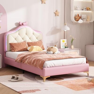 BTM Lit Enfant capitonné, Simple, Forme d'ondes avec Point de Traction à la tête du, Ruban Rose, avec Bandes LED Multicolores changeantes, avec battants en Bois, Cadre de lit Rose, 90x200cm - Publicité BTM Lit Enfant capitonné, Simple, Forme d'ondes avec Point de Traction à la tête du, Ruban Rose, avec Bandes LED Multicolores changeantes, avec battants en Bois, Cadre de lit Rose, 90x200cm - Publicité